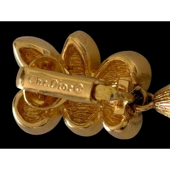 Christian Dior Signed Crystal Pearl Gold Tone Dangle Clip Earrings Crystal Vtg - Picture 3 of 14